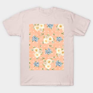 White Roses Blue Forget Me Nots Polka Dots on Peach Fuzz Abstract Floral T-Shirt